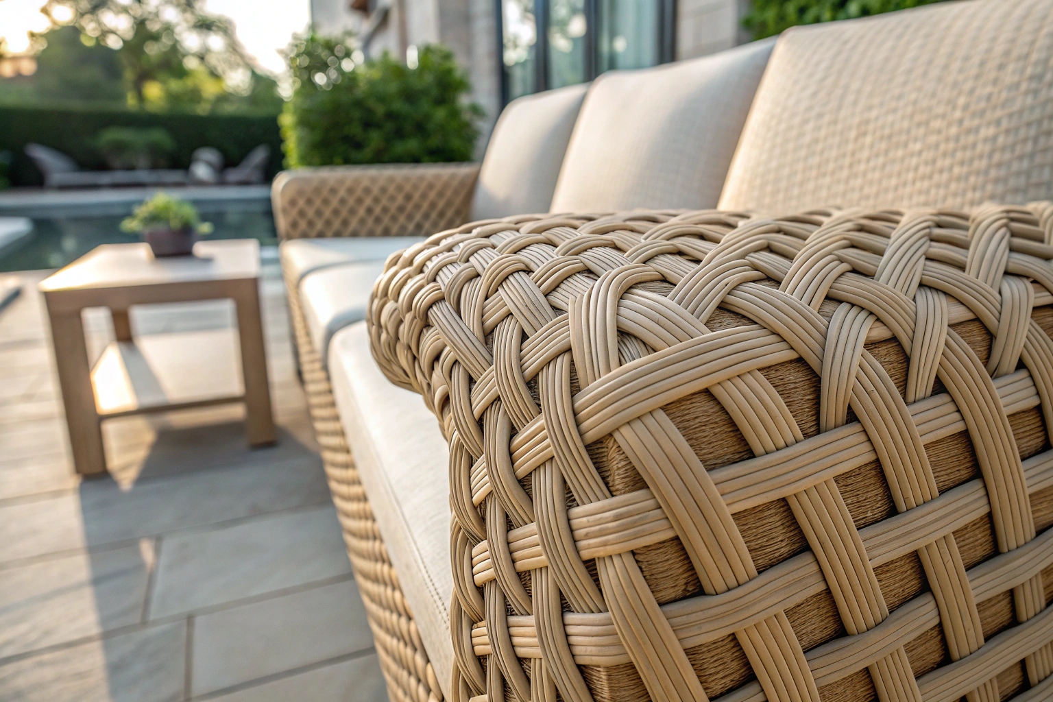 Close-up of PE rattan fiber on outdoor sofa